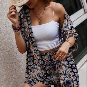 Boho Floral Paisley Print Open Front Kimono Top Shirt Blouse Shorts Set